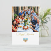 Hanukkah Family Foto Blue Gold Feiertagskarte (Stehend Vorderseite)