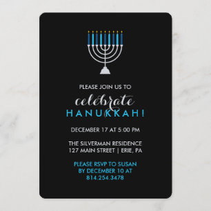Hanukkah-Feier mit Silver Menorah auf Schwarz Einladung