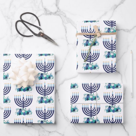 Hanukkah Floral Menorah Hochzeitblumen Geschenkpapier Set (Vorderseite)