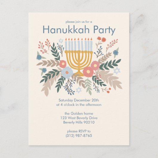 Hanukkah Florals Hand zeichnend CUSTOM-Party Einla Postkarte (Vorderseite)