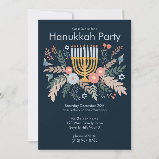 Hanukkah FLorals Handgezeichnet Art CUSTOM Party Einladung (Vorderseite)