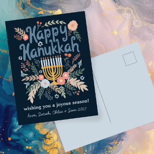 Hanukkah FLorals Handgezeichnet Kunst CUSTOM Feiertagspostkarte