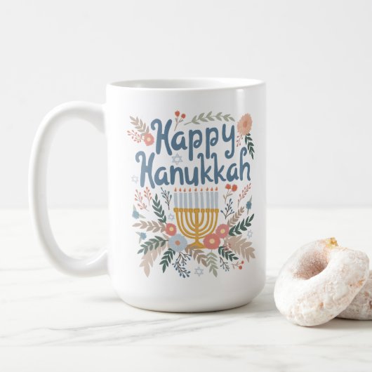 Hanukkah FLorals Handgezeichnet Kunst Kaffeetasse (Mit Donut)