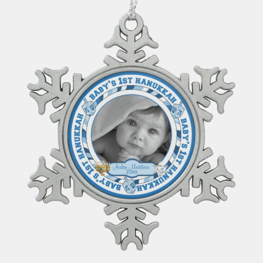 Hanukkah Foto Name Dreidels Schneeflocken Zinn-Ornament (Vorderseite)