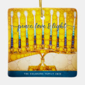Hanukkah Foto Peace Liebe Light Yellow Menorah Keramikornament (Vorderseite)