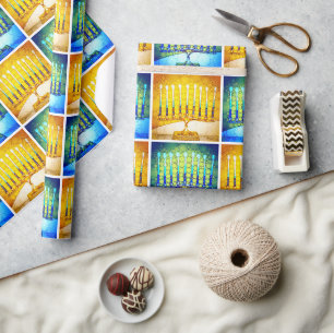 Hanukkah Gelbe Blaue Menora-Muster Modern Chic  Geschenkpapier