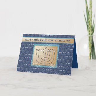 Hanukkah Geld geschlossen, Menorah mit Goldmünzen. Feiertagskarte