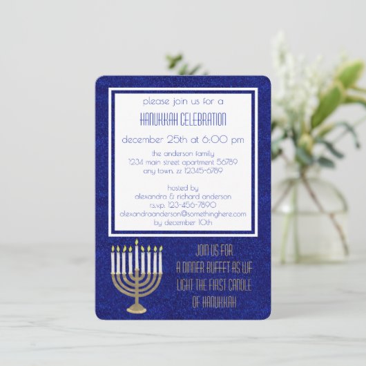 Hanukkah Gold Menorah Hanukah Sameach Dinner Einladung (Stehend Vorderseite)