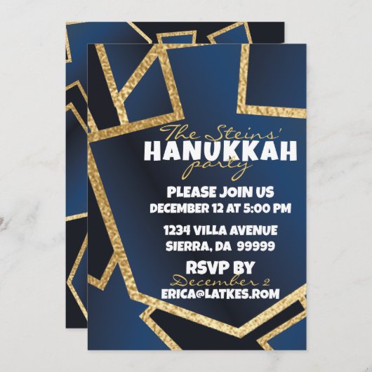 Hanukkah Golden Dreidels Navy Blue Einladung (Vorne/Hinten)