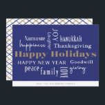 Hanukkah Greetings Holiday Blue Feiertagskarte<br><div class="desc">Collage of holiday greetings,  Happy Holidays,  Hanukkah,  New Year,  Goodwill,  Lachen,  Glück,  Namaste,  Joy,  Peace,  Liebe,  Erntedank,  Family & Giving. Passen Sie Ihren Namen und das Jahr an.</div>