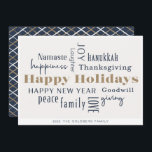 Hanukkah Greetings Holiday Blue Gold Feiertagskarte<br><div class="desc">Collage of holiday greetings,  Happy Holidays,  Hanukkah,  New Year,  Goodwill,  Lachen,  Glück,  Namaste,  Joy,  Peace,  Liebe,  Erntedank,  Family & Giving. Passen Sie Ihren Namen und das Jahr an.</div>