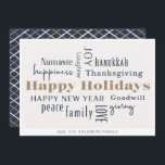 Hanukkah Greetings Holiday Blue Gold Feiertagskarte<br><div class="desc">Collage of holiday greetings,  Happy Holidays,  Hanukkah,  New Year,  Goodwill,  Lachen,  Glück,  Namaste,  Joy,  Peace,  Liebe,  Erntedank,  Family & Giving. Passen Sie Ihren Namen und das Jahr an.</div>