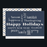 Hanukkah Greetings Holiday Navy Gold Feiertagskarte<br><div class="desc">Collage of holiday greetings,  Happy Holidays,  Hanukkah,  New Year,  Goodwill,  Lachen,  Glück,  Namaste,  Joy,  Peace,  Liebe,  Erntedank,  Family & Giving. Passen Sie Ihren Namen und das Jahr an.</div>