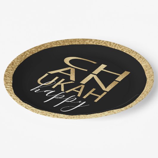 Hanukkah Happy Gold Letters Pappteller (Schrägansicht)