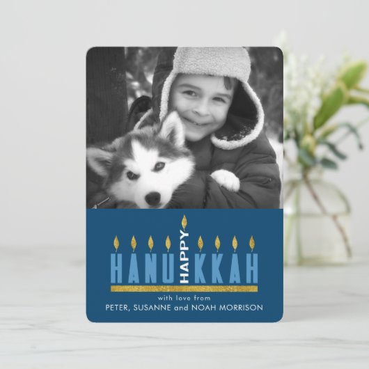 Hanukkah | Happy Hanukkah Menorah Foto Card Einladung (Stehend Vorderseite)