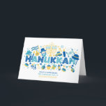 Hanukkah Happy Holidays Personalisiert Name Feiertagskarte<br><div class="desc">Dieses Ferien-Design enthält den Text "Hanukkah" in modernen blauen Typografie umgeben von Symbolen wie dreidels, menorah, torah, Kerzen und mehr. Unten ist der Text "Happy Holidays" mit Ihrem Familiennamen. #hanukkah #chanukah #holidays #saisonale #festive #star #starofdavid #menorah #dreidel #drittel #gift #gift #candle #light #jewish #personalisiert #personalisiert #addyourown #custom #cards #greetings #greetingcards...</div>