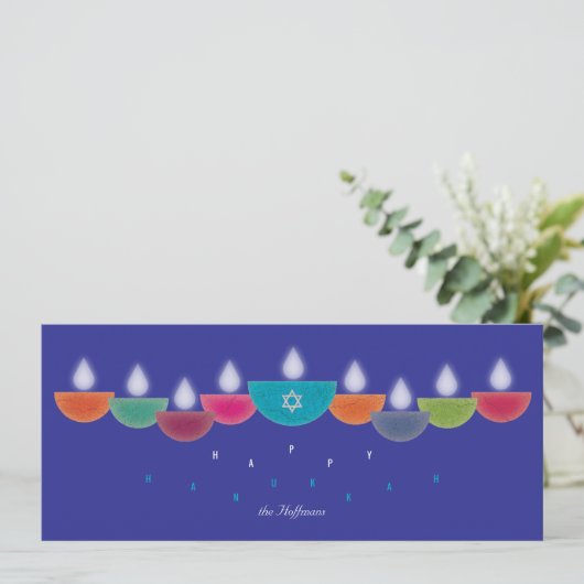 Hanukkah-Karte | Farbenfrohe Öllampe Menorah | Bla (Stehend Vorderseite)