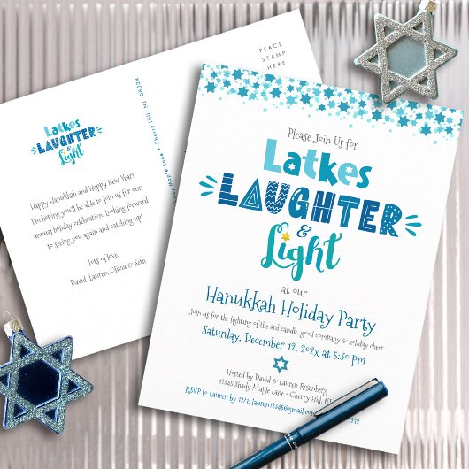 Hanukkah Latke Laghter Light Fun Modernes Party Einladungspostkarte