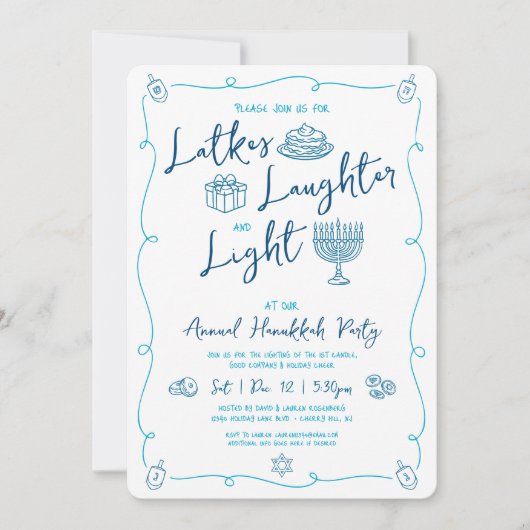 Hanukkah Latke Laughter Light Hand Drawn Fun Party Einladung (Vorderseite)