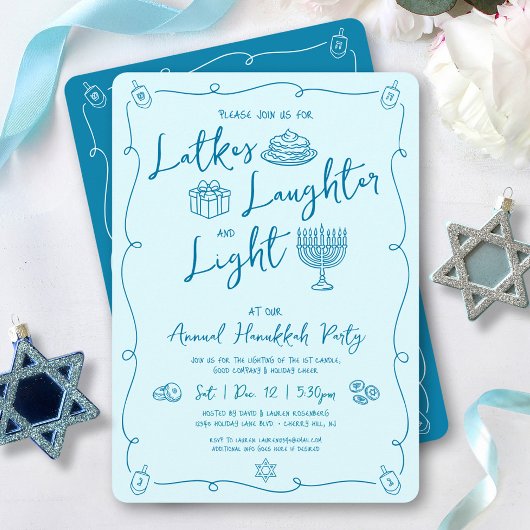 Hanukkah Latke Laughter Light Teal Doodles Party Einladung