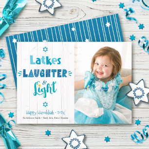 Hanukkah Latkes Lachen Light Foto Rustikales Holz Feiertagskarte