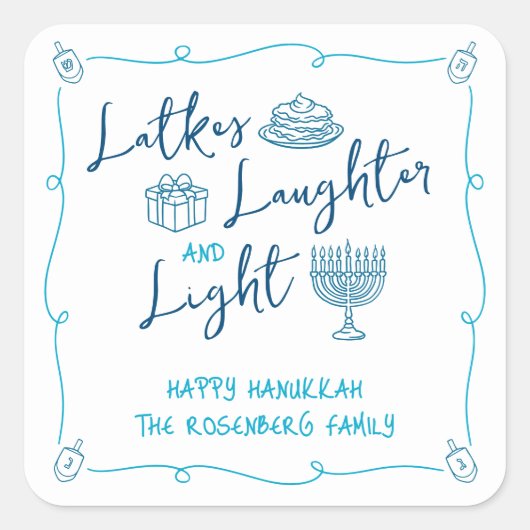 Hanukkah Latkes Laughter Light Hand Drawn Doodles Quadratischer Aufkleber (Vorderseite)
