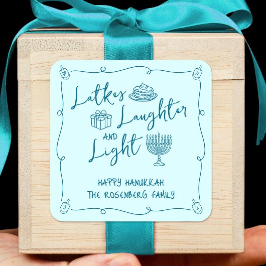 Hanukkah Latkes Laughter Light Teal Hand Drawn Fun Quadratischer Aufkleber