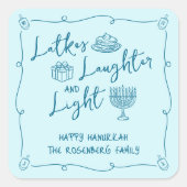Hanukkah Latkes Laughter Light Teal Hand Drawn Fun Quadratischer Aufkleber (Vorderseite)
