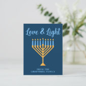 Hanukkah Liebe & Light Custom Blue Gold Menorah Postkarte (Stehend Vorderseite)