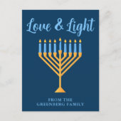 Hanukkah Liebe & Light Custom Blue Gold Menorah Postkarte (Vorderseite)