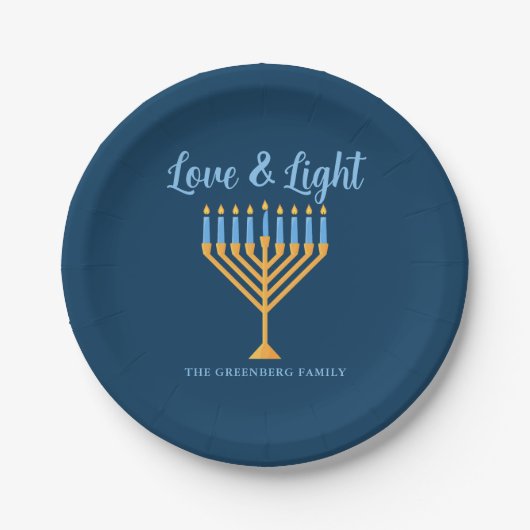 Hanukkah Liebe & Light Custom Menorah Blue Party Pappteller (Vorderseite)