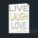 Hanukkah "Live Lagh Liebe a latke" Glitzy Card Feiertagskarte<br><div class="desc">Hanukkah "Live, lachen, Liebe a Latke" Gold/Silber Grußkarte mit weißem Umschlag. Personalisieren Sie, indem Sie "Happy Chanukah" löschen und Ihre eigene Formulierung hinzufügen, indem Sie Ihren bevorzugten Schriftart Stil, Farbe und Größe wählen. Danke, dass ihr angehalten und vorbeigekommen seid! Viel geschätzt!!! Happy Hanukkah/Chanukah! Abmessungen: 5" x 7" (Portrait) oder 7"...</div>