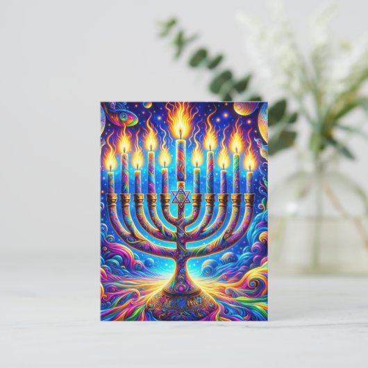 Hanukkah menorah aglow in psychedelischen Farben Postkarte (Stehend Vorderseite)