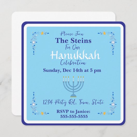 Hanukkah Menorah Blue Einladung (Vorne/Hinten)