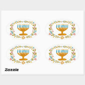 HANUKKAH Menorah Blumenkranz Jüdischer Feiertag Ovaler Aufkleber (Blatt)