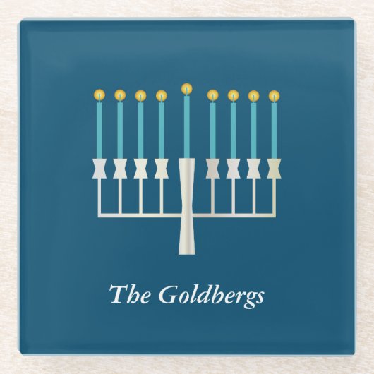 Hanukkah Menorah in Blue Custom Familienname Glasuntersetzer (Vorderseite)