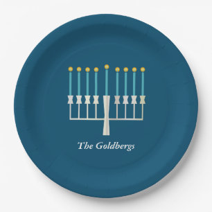 Hanukkah Menorah in Blue Custom Familienname Pappteller