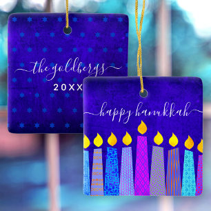 Hanukkah Menorah-Kerzen auf blauem Keepsack, kunde Keramikornament