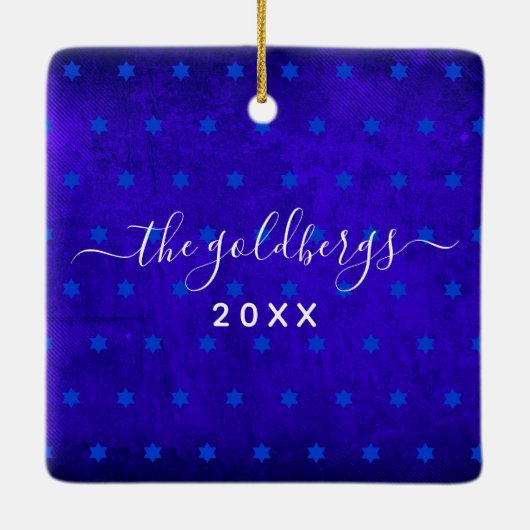 Hanukkah Menorah-Kerzen auf blauem Keepsack, kunde Keramikornament (Rückseite)