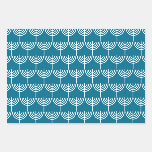 Hanukkah Menorah Muster in Aquamarin und weiß Geschenkpapier Set (Vorderseite)