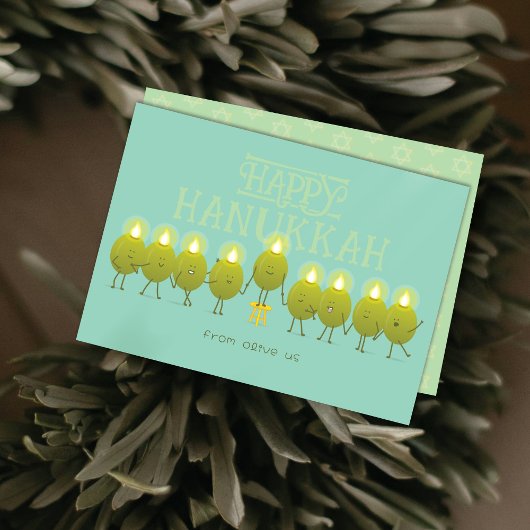 Hanukkah Menorah Olives | Aquamarine Grüne Fraktio Feiertagskarte