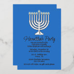 Hanukkah Menorah Party  Folieneinladung<br><div class="desc">Chic Hanukkah party foil invitation done in blue,  with graphics of a silver foil menorah and silver foil custom text. Personalize the custom text,  on the front,  to suit your holiday party needs.</div>