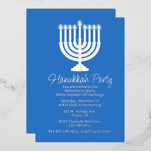 Hanukkah Menorah Party Folieneinladung (Vorderseite/Rückseite)
