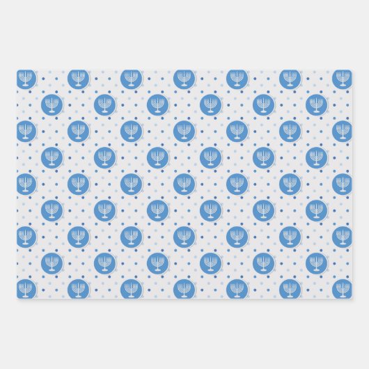 Hanukkah Menorah Polka Dots Blue und Grau Geschenkpapier Set (Vorderseite 2)
