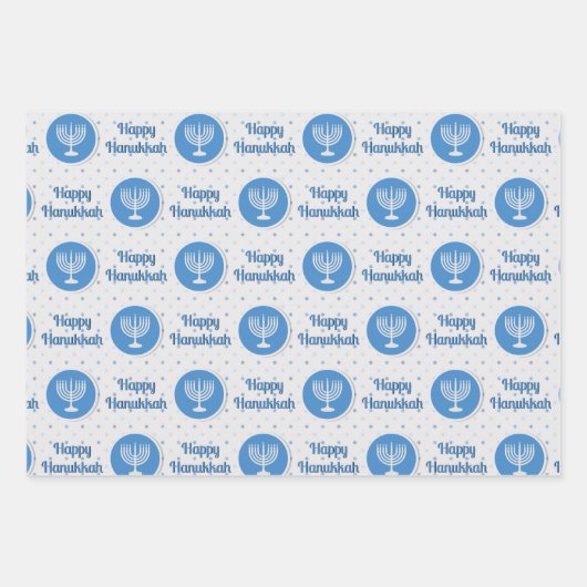 Hanukkah Menorah Polka Dots Blue und Grau Geschenkpapier Set (Vorderseite)