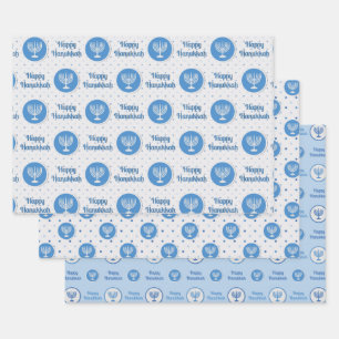 Hanukkah Menorah Polka Dots Blue und Grau Geschenkpapier Set