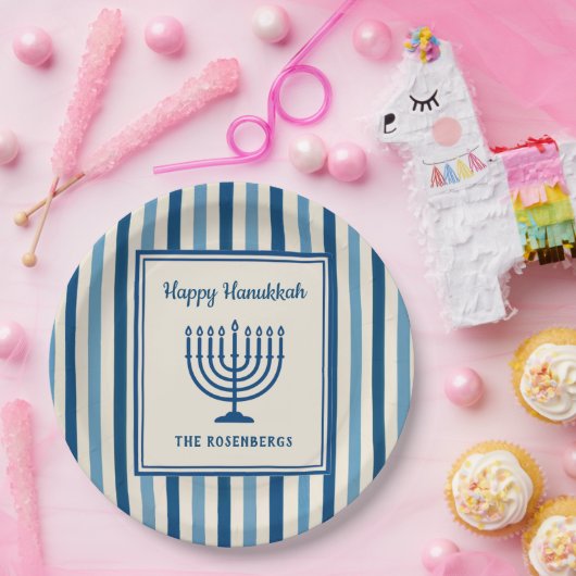 Hanukkah Menorah Stripes Trendy Custom  Pappteller (Party)