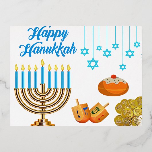 Hanukkah Menorah with Candles and Traditional Item Folien Feiertagspostkarte (Vorderseite)
