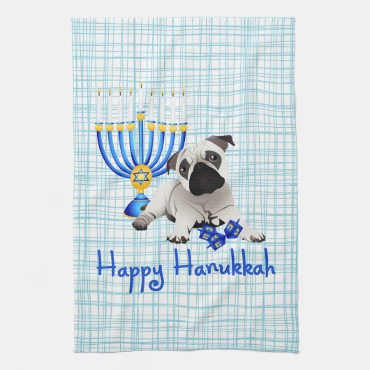 Hanukkah Mops mit Menorah und Dreidels Geschirrtuch (Vertikal)