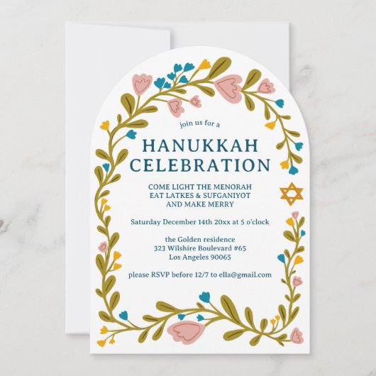 HANUKKAH PARTY Blumenreath Handgezeichnet Custom Einladung (Vorderseite)